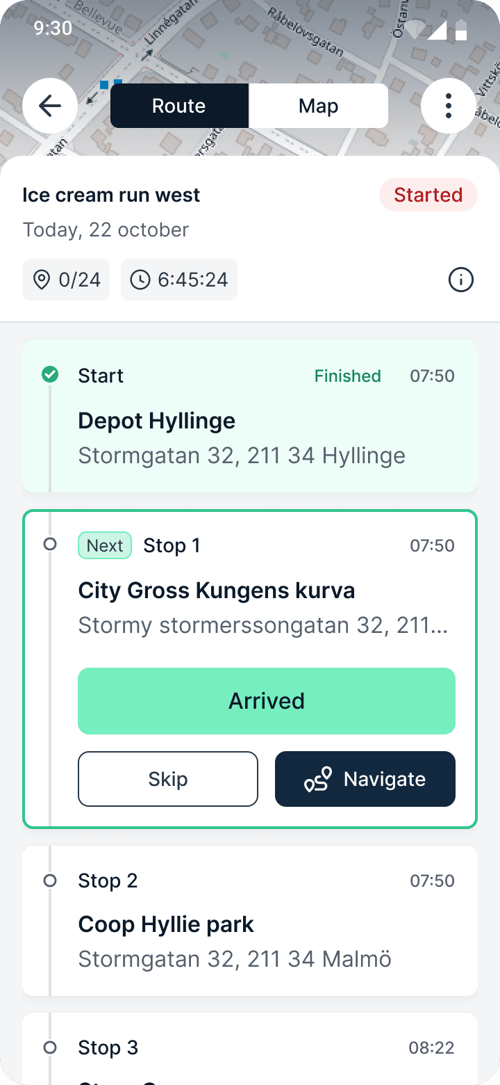 Vopty Driver med ruttlistan och nästa stopp att leverera till
