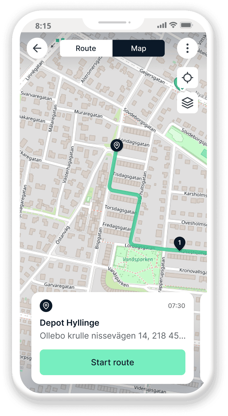 Vopty Driver on a phone showing the day's route
